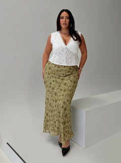 back view of model wearing Princess Polly Piazia Maxi Skirt Green Curve Maxi Skirts Skirts 