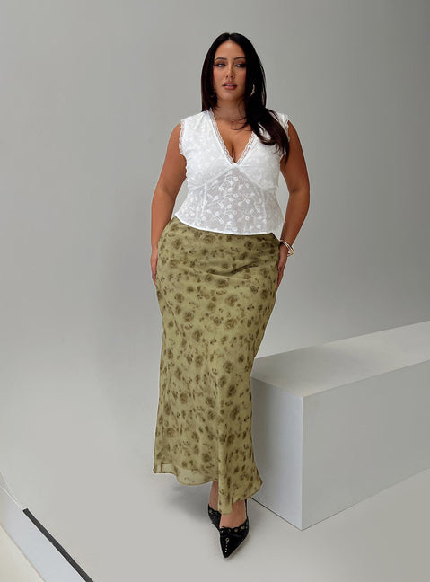 back view of model wearing Princess Polly Piazia Maxi Skirt Green Curve Maxi Skirts Skirts 