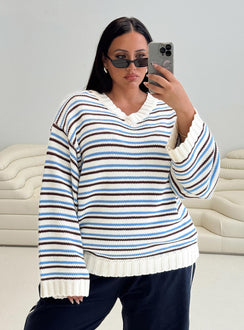 back view of model wearing Princess Polly Karolyn Sweater Blue Stripe Curve Jumpers 