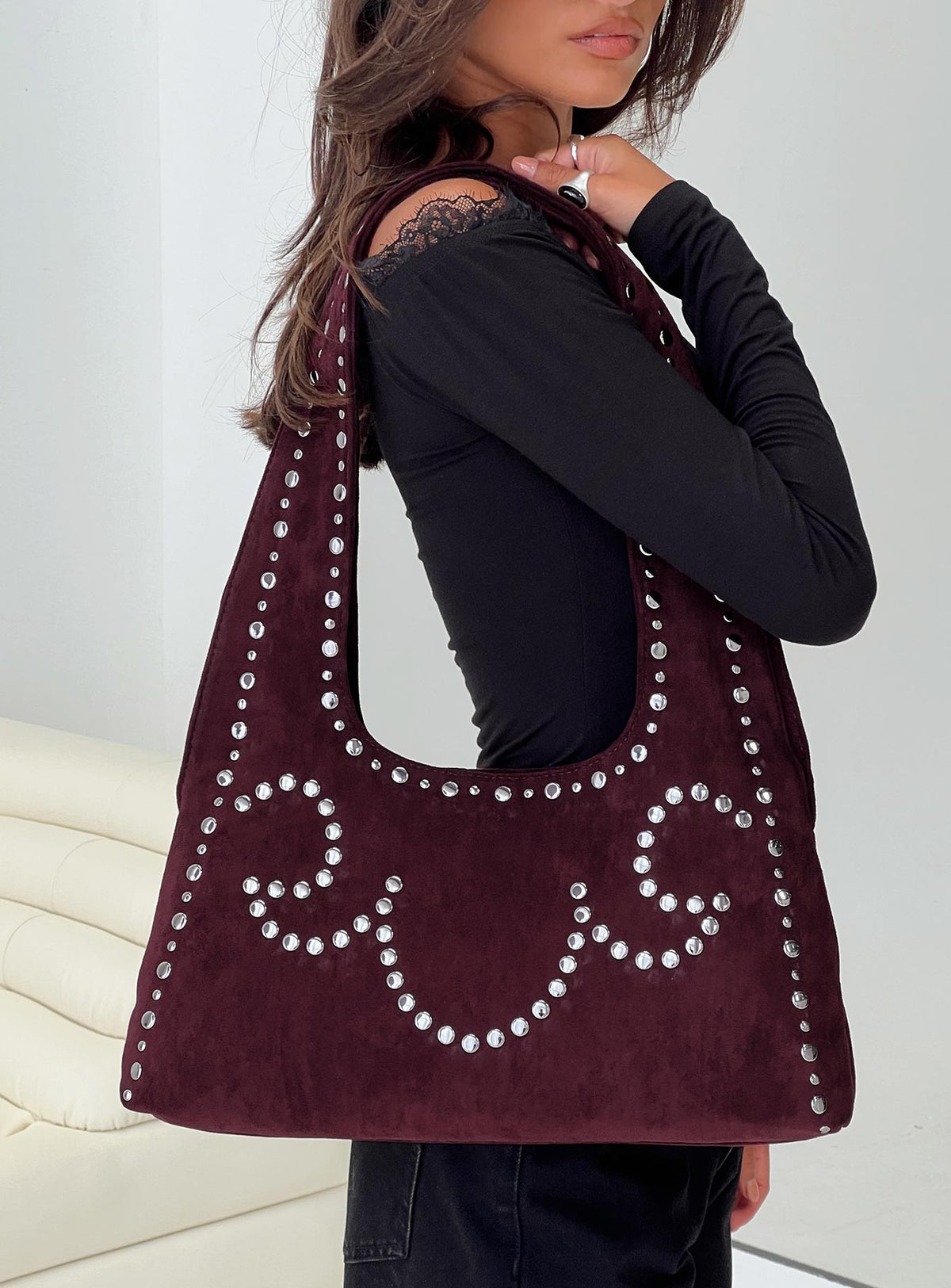 Lemoni Faux Suede Stud Bag Burgundy
