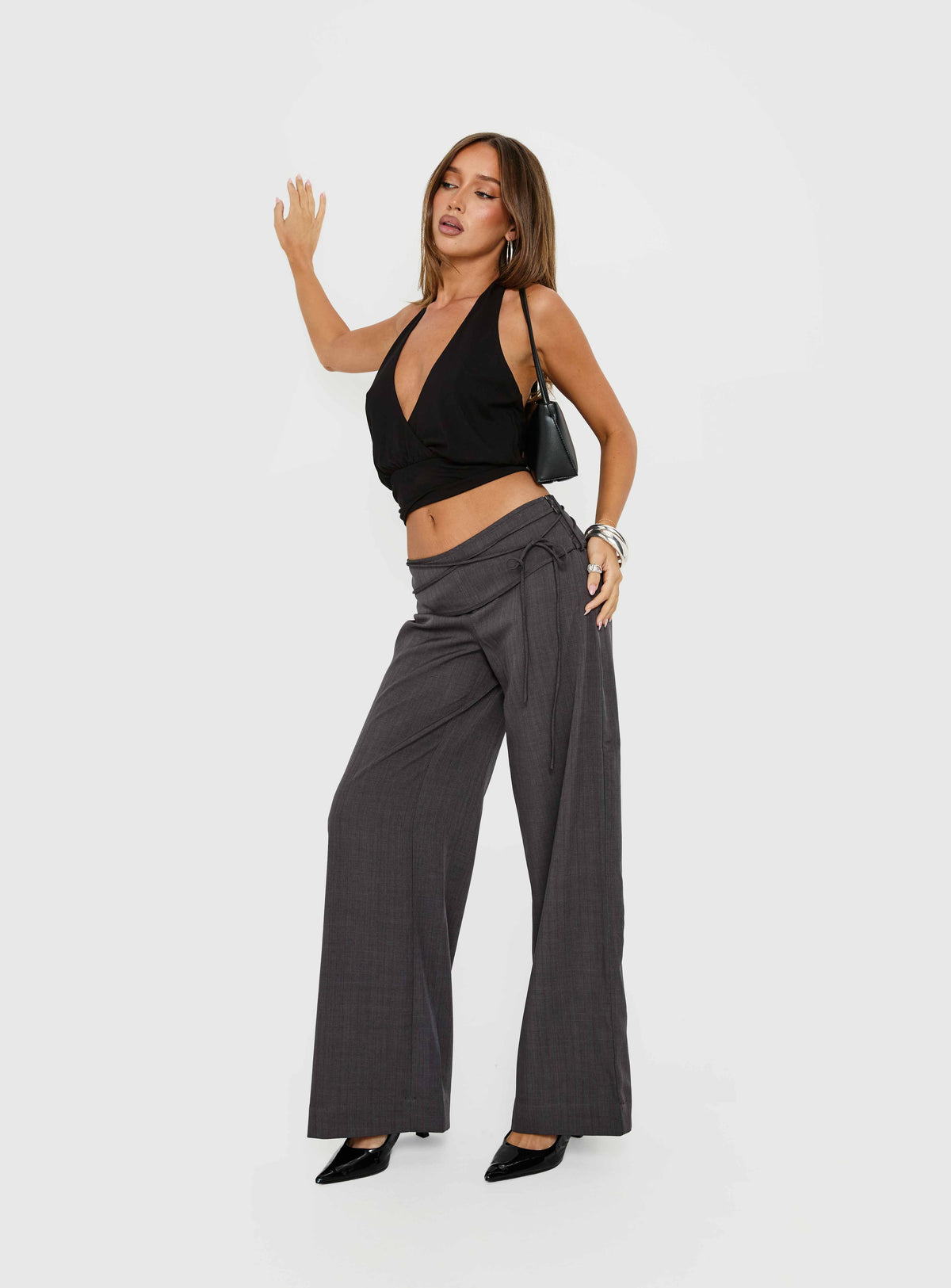 front view of model wearing Princess Polly Silver Moon Tie Pants Charcoal Mid Rise Pants Pants 