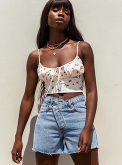 front view of model wearing Princess Polly Xena Denim Shorts Tall High Waisted Shorts 