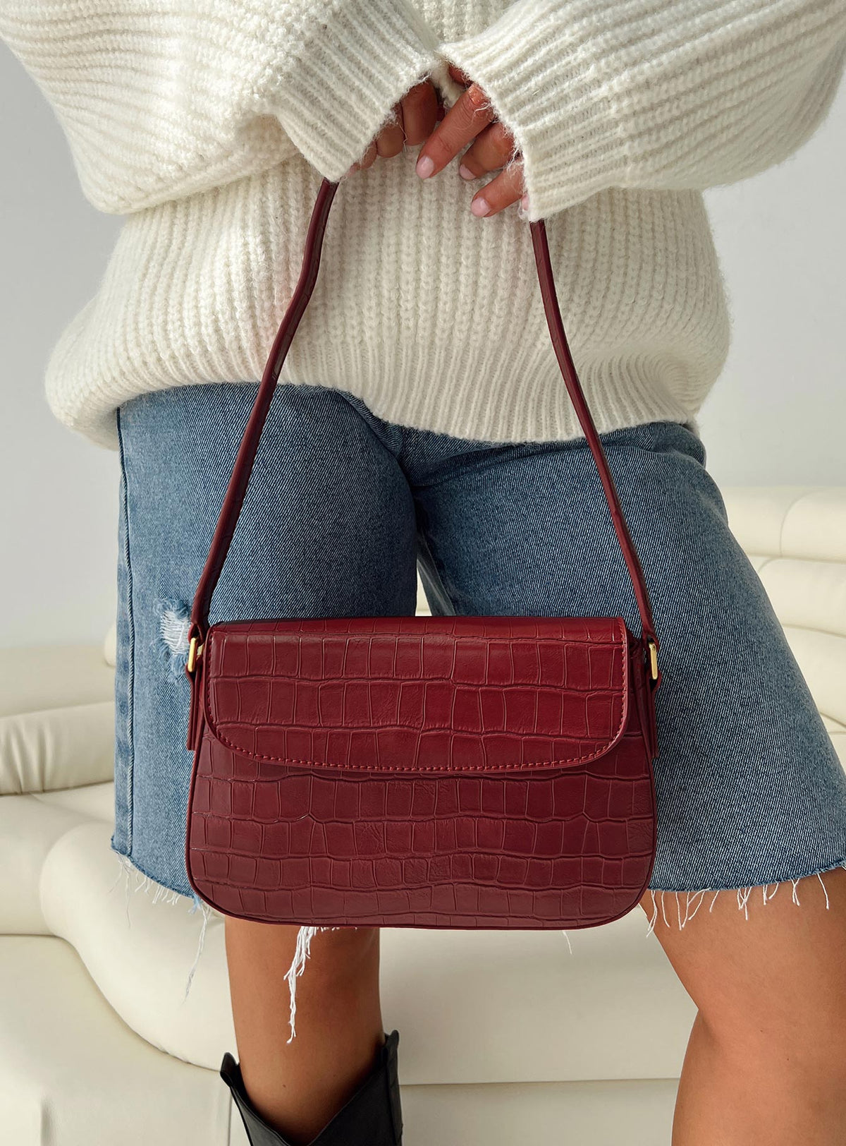 Faux croc leather shoulder bag Gold-toned hardware, zip and button fastening, internal zip & slip pockets, flat base