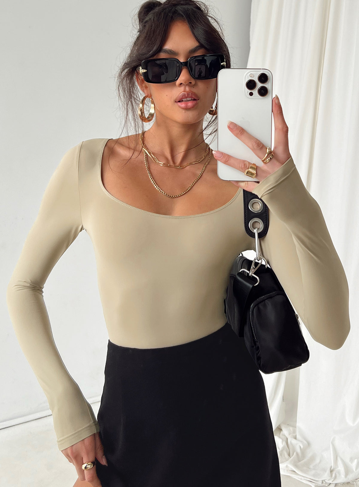 front view of model wearing Princess Polly Mallard Bodysuit Brown Petite Long Sleeve Tops Bodysuit 