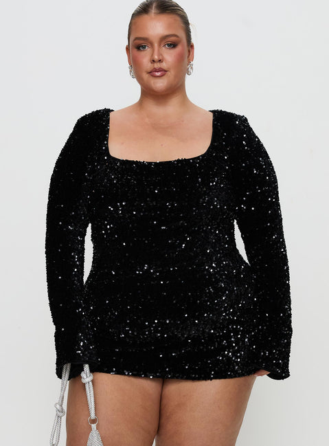 front view of model wearing Princess Polly Vinelle Long Sleeve Mini Dress Black Curve Square Neck 