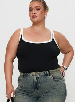 front view of model wearing Princess Polly Astrea Bodysuit Black / White Curve Sleeveless Bodysuit 
