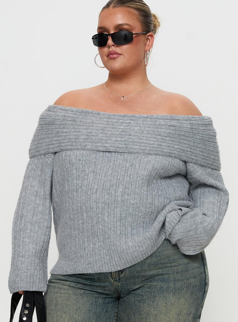 front view of model wearing Princess Polly Snowie Off Shoulder Knit Sweater Grey Curve Jumpers 