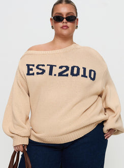 front view of model wearing Princess Polly Jadynn Off Shoulder Knit Sweater Cream Curve Jumpers 