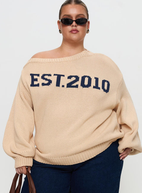 front view of model wearing Princess Polly Jadynn Off Shoulder Knit Sweater Cream Curve Jumpers 