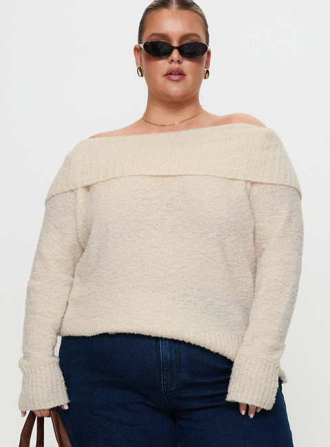 front view of model wearing Princess Polly Parkley Boucle Off The Shoulder Cream Curve Jumpers 