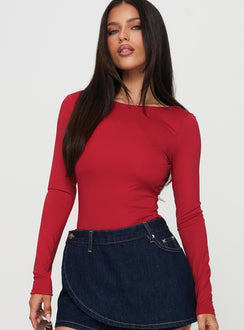 front view of model wearing Princess Polly Beresford Long Sleeve Bodysuit Wine Long Sleeve Tops Bodysuit 