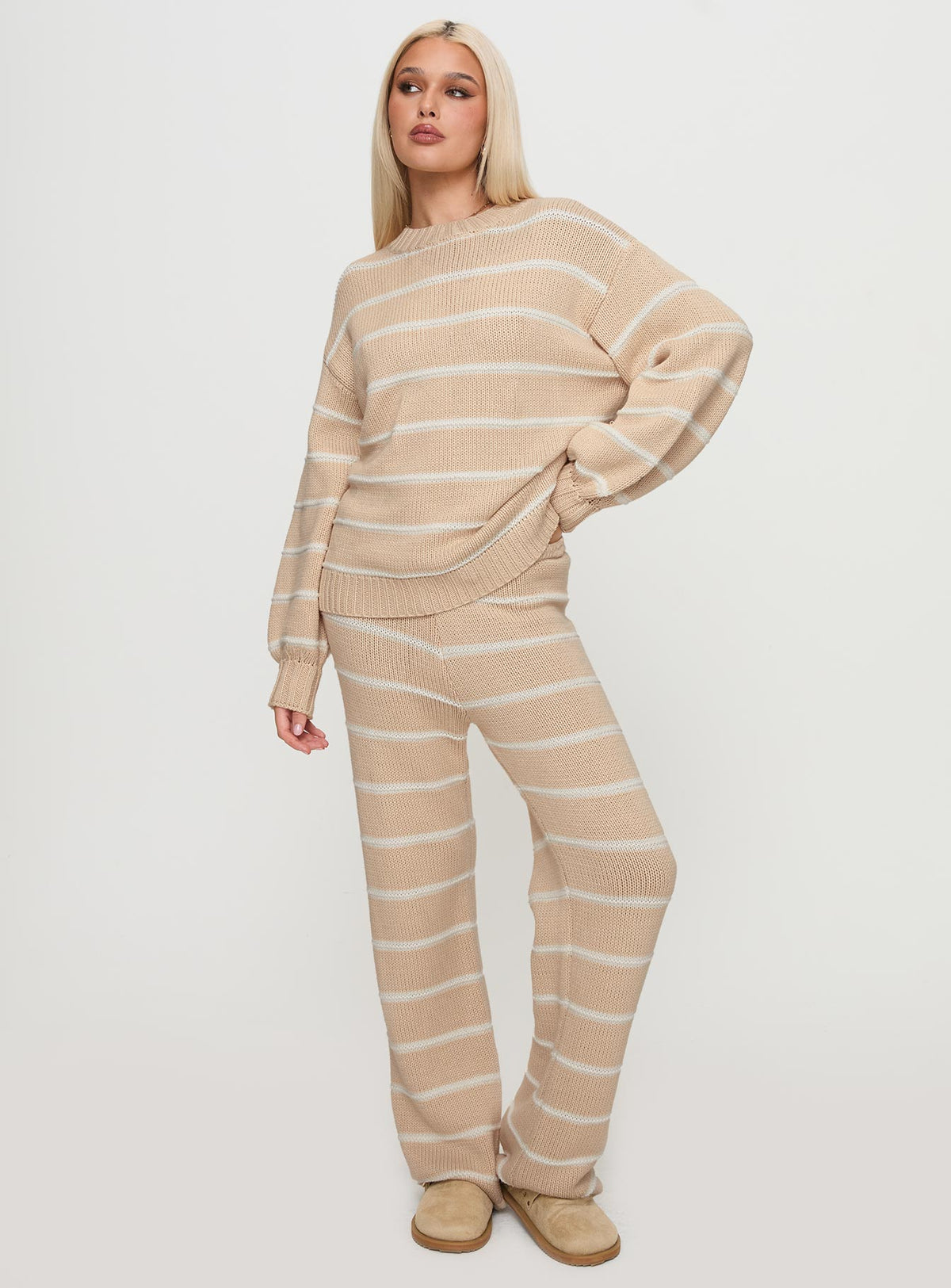 front view of model wearing Princess Polly Read Your Mind Knit Sweater Cream Stripe Jumpers 