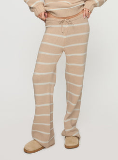 back view of model wearing Princess Polly Read Your Mind Knit Pant Cream Stripe High Rise Pants Pants 