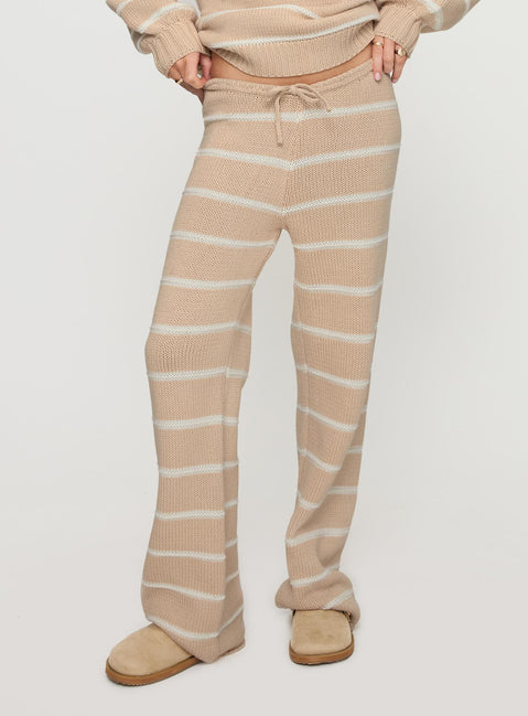 back view of model wearing Princess Polly Read Your Mind Knit Pant Cream Stripe High Rise Pants Pants 