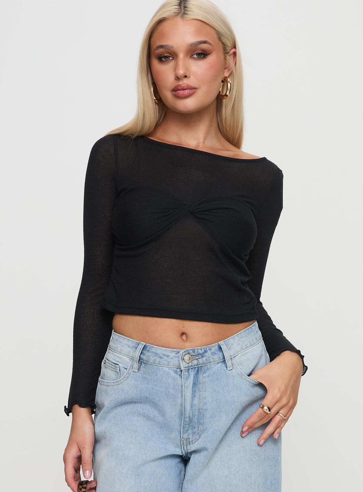 front view of model wearing Princess Polly November Long Sleeve Top Black Full Sleeves Boat Neck 