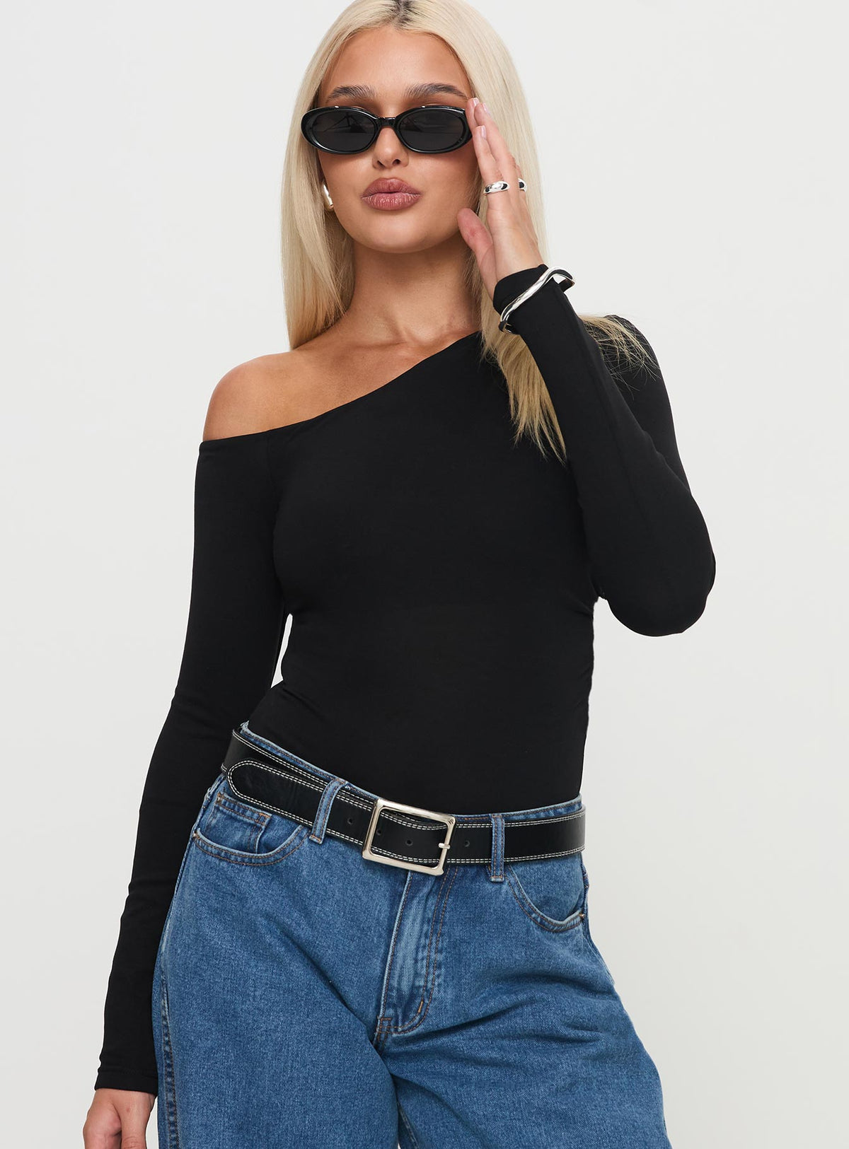 front view of model wearing Princess Polly Miyako Long Sleeve Bodysuit Black Long Sleeve Tops Bodysuit 