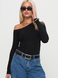 front view of model wearing Princess Polly Miyako Long Sleeve Bodysuit Black Long Sleeve Tops Bodysuit 