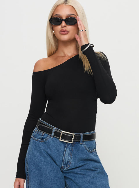 front view of model wearing Princess Polly Miyako Long Sleeve Bodysuit Black Long Sleeve Tops Bodysuit 