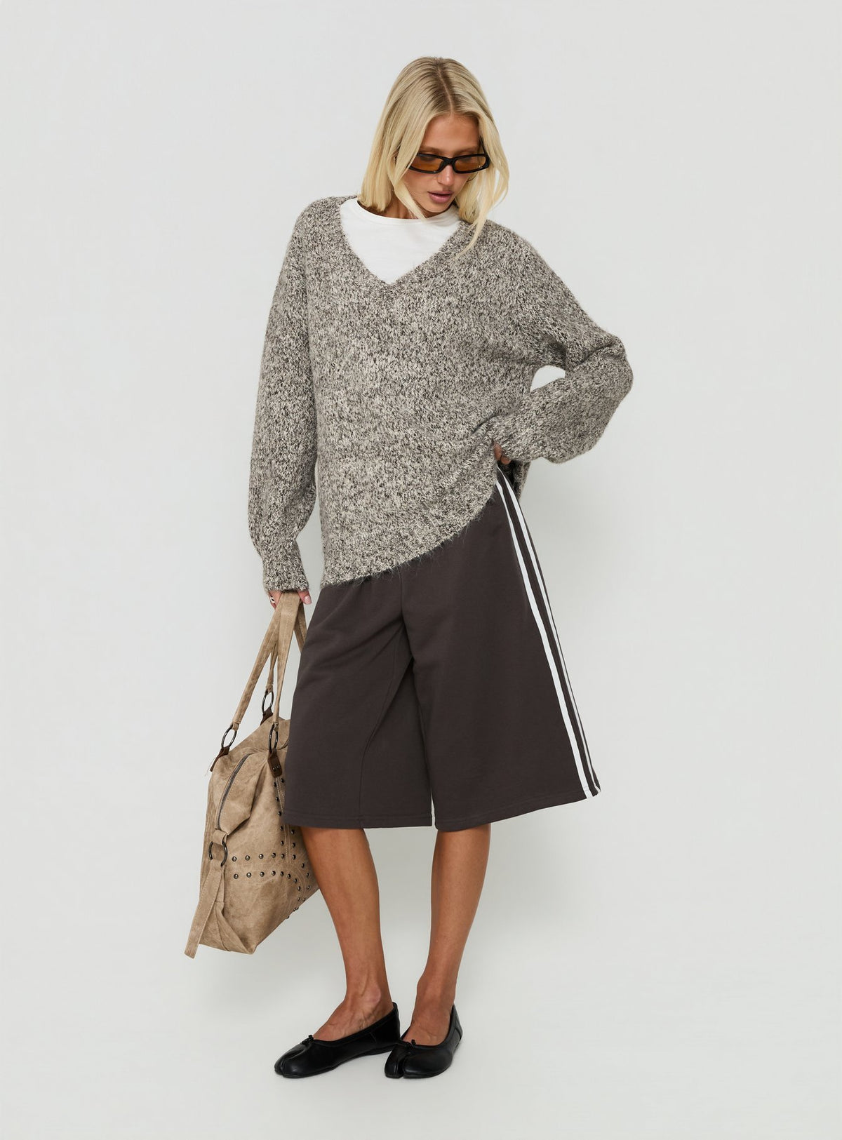Featuring the Ladiya V Neck Knit Sweater Brown Speckle womens-jumpers in long oversized fit product Princess Polly