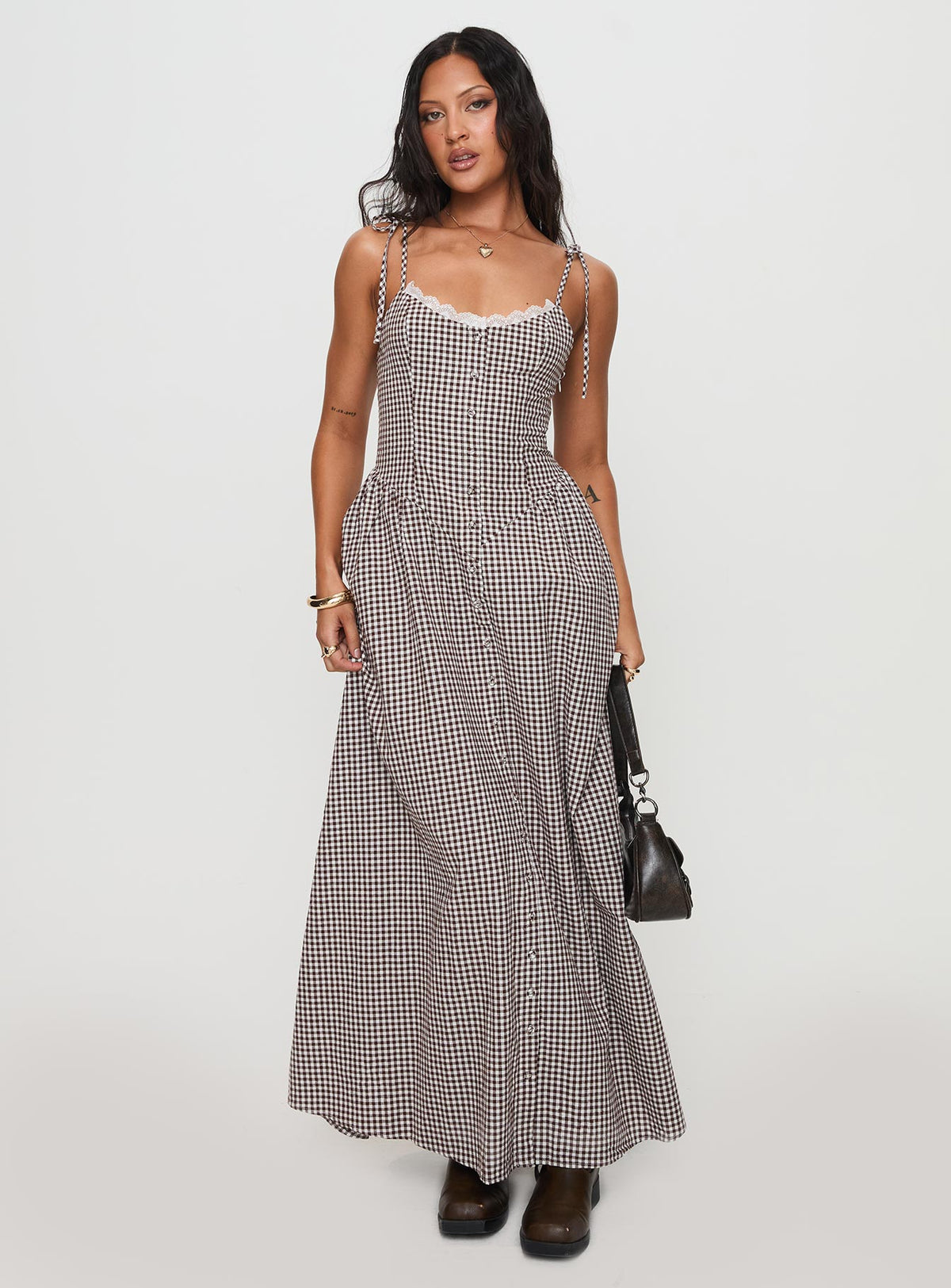 front view of model wearing Princess Polly Dalanie Tie Strap Maxi Dress Brown Gingham Scoop Neck 