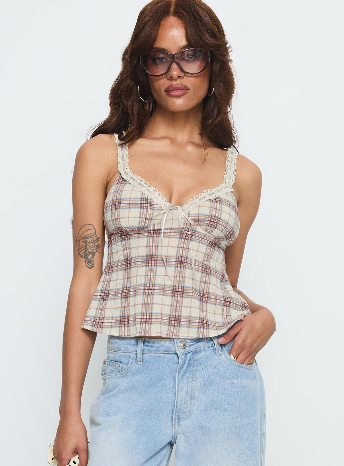 Pretty It Up Tie Detail Top Beige Check