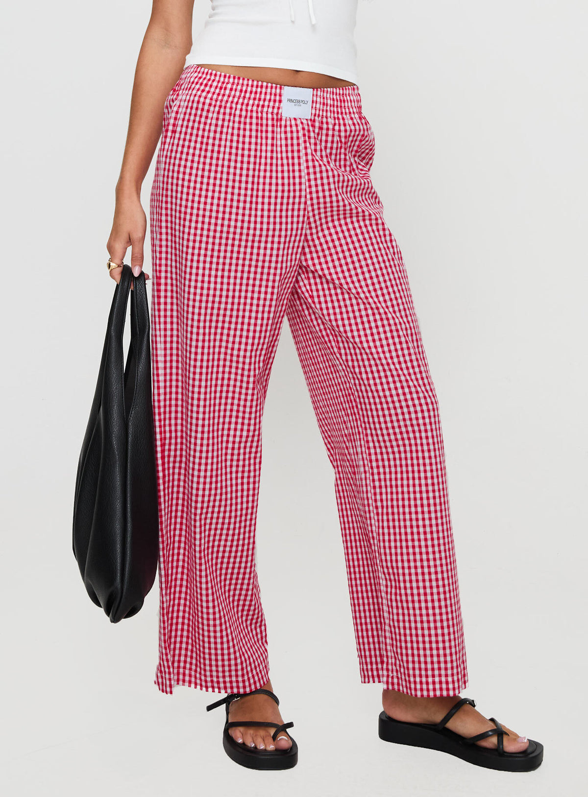 back view of model wearing Princess Polly Beach House Pants Red Gingham High Rise Pants Pants 