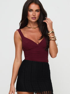 front view of model wearing Princess Polly Morgane Mesh Bodysuit Burgundy Sleeveless Bodysuit 