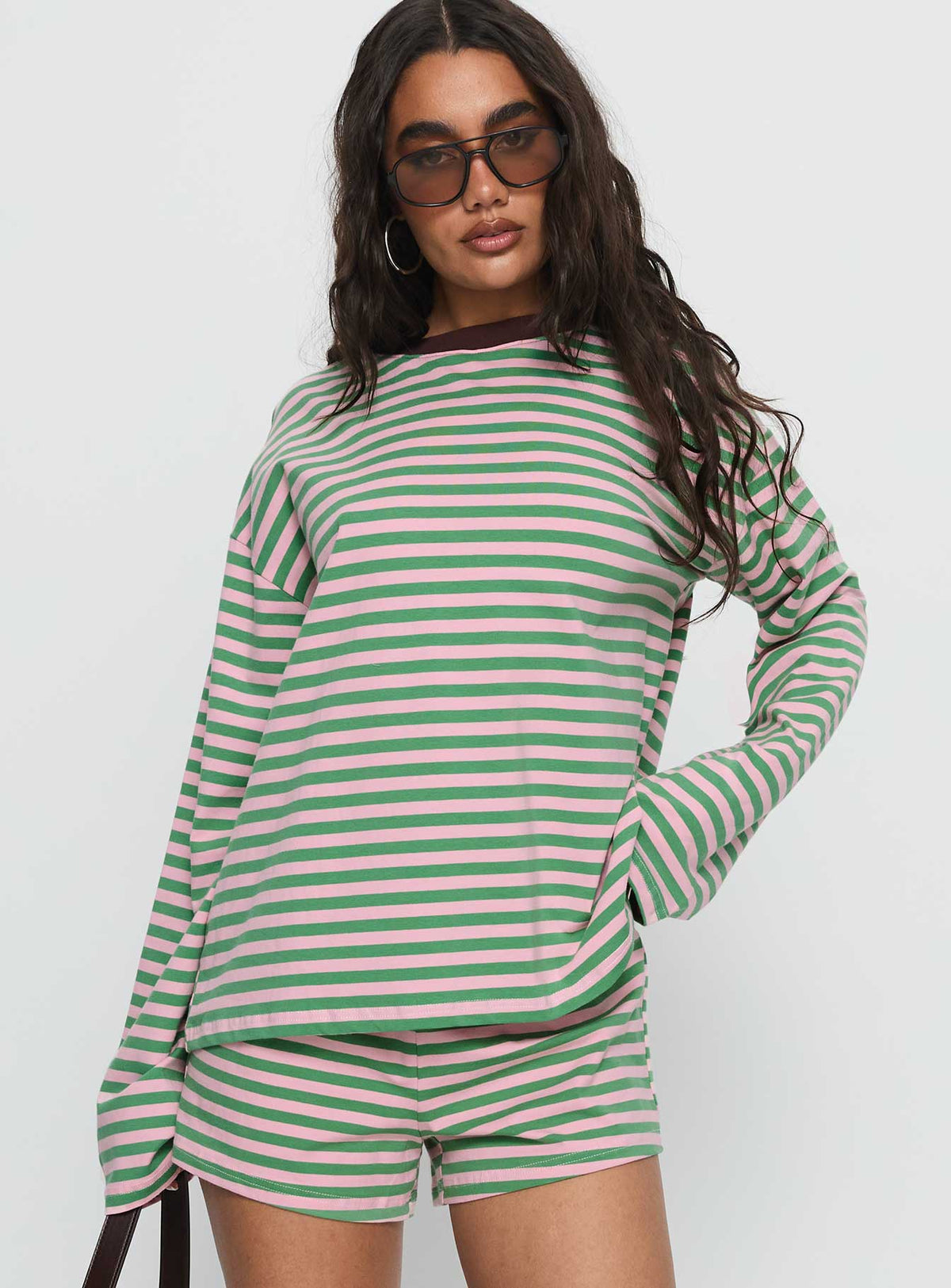 Settle Down Long Sleeve Top Green / Pink Stripe