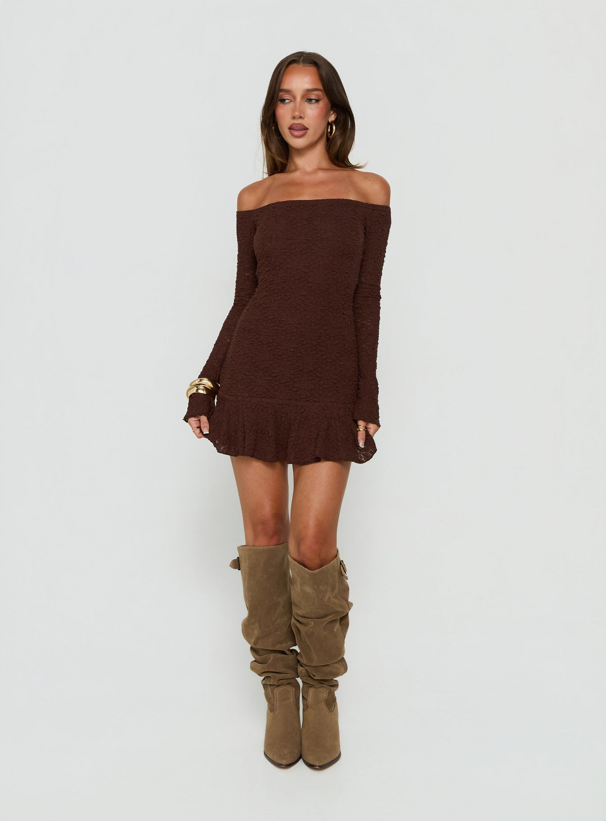 Vancesca Off Shoulder Long Sleeve Mini Dress Chocolate