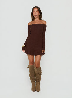 Vancesca Off Shoulder Long Sleeve Mini Dress Chocolate