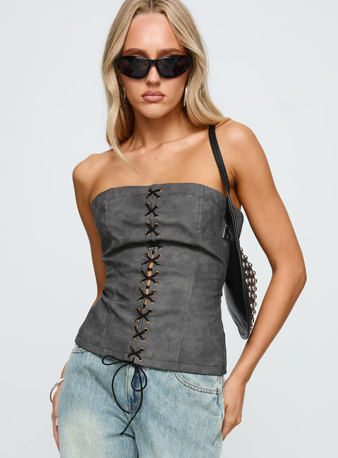 front view of model wearing Princess Polly Soft Spoken Strapless Tie Up Top Black Sleeveless straight 