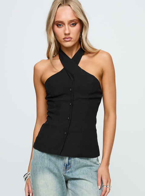 front view of model wearing Princess Polly Light Is Coming Cross Detail Top Black Sleeveless 