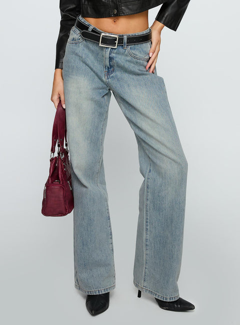 side view of model wearing Princess Polly Echo Park High Rise Straight Leg Jeans Vintage Wash Mid Rise Jeans Jeans 