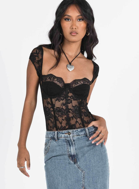 front view of model wearing Princess Polly Cadrot Lace Bodysuit Black Short Sleeve Bodysuit 