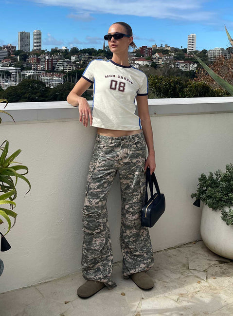 front view of model wearing Princess Polly Sweetness Low Rise Straight Leg Jeans Digital Camo Low Rise Jeans Jeans 