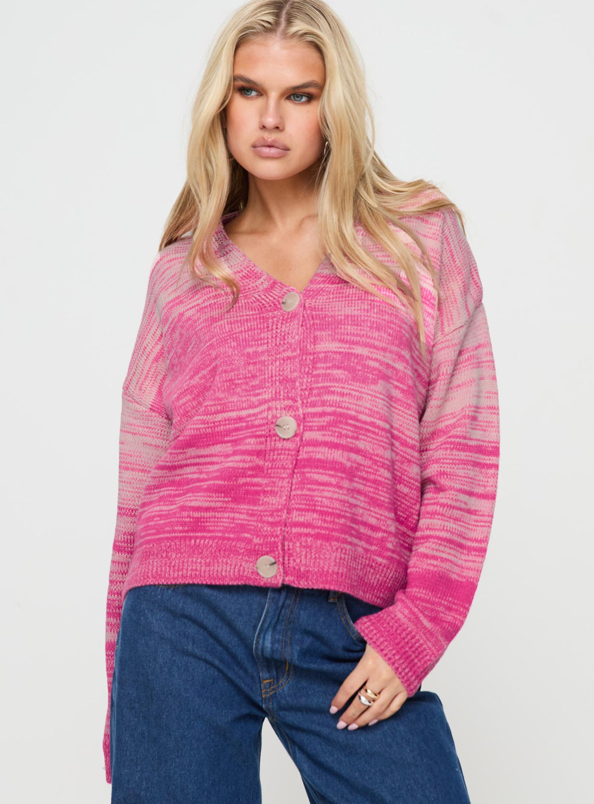 front view of model wearing Princess Polly Emikio Cardigan Ombre Pink regular Jumpers 