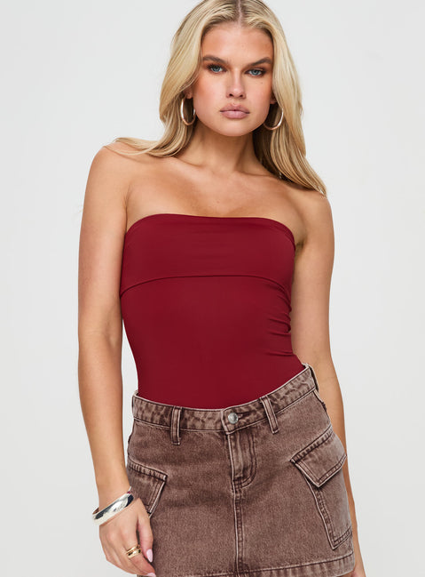 front view of model wearing Princess Polly Niner Strapless Bodysuit Burgundy Sleeveless Bodysuit 