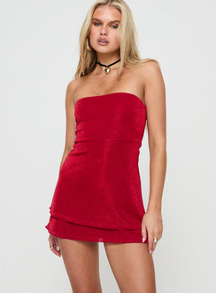 back view of model wearing Princess Polly Carette Strapless Mini Dress Red Straight Neck 