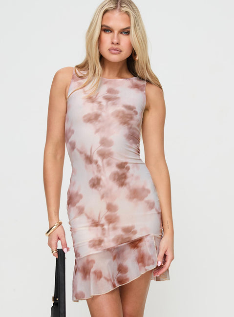 front view of model wearing Princess Polly Molita Ruffle Hem Mini Dress Cream Crew Neck 