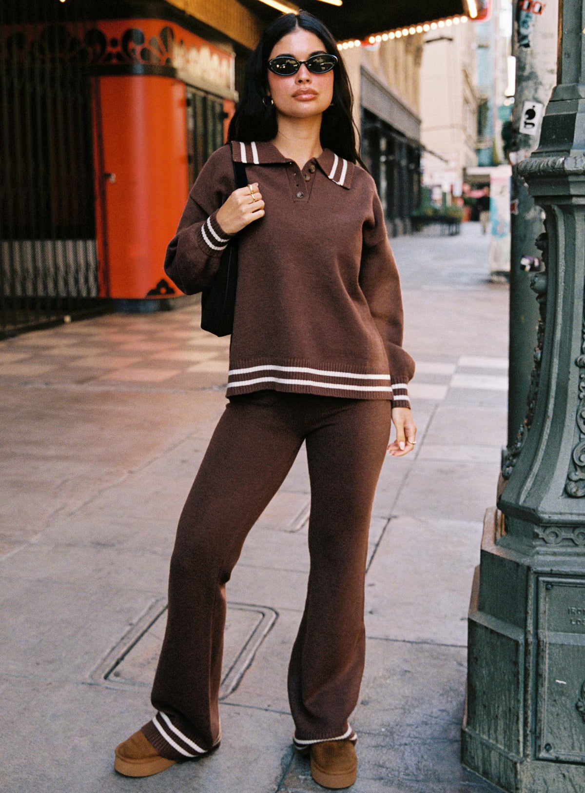 front view of model wearing Princess Polly Square One Collared Jumper Brown / Cream Longline Jumpers Jumpers 