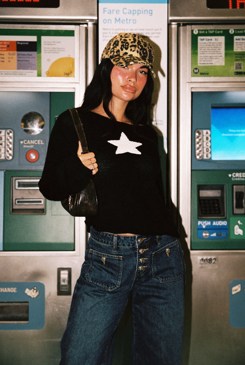 back view of model wearing Princess Polly Big Star Knit Sweater Black Cropped Jumpers Jumpers 
