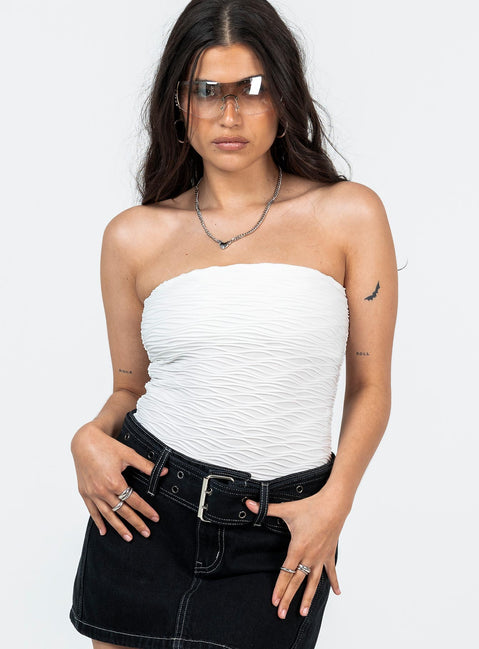front view of model wearing Princess Polly Makena Strapless Bodysuit White Petite Sleeveless Bodysuit 