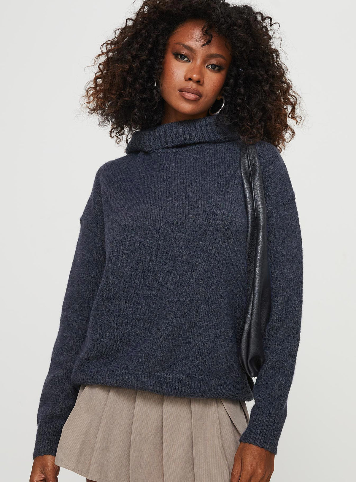 side view of model wearing Princess Polly Oswin Turtleneck Sweater Navy Longline Jumpers Jumpers 