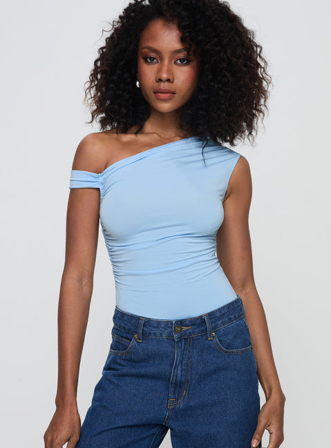 front view of model wearing Princess Polly Beller Bodysuit Blue Short Sleeve Bodysuit 