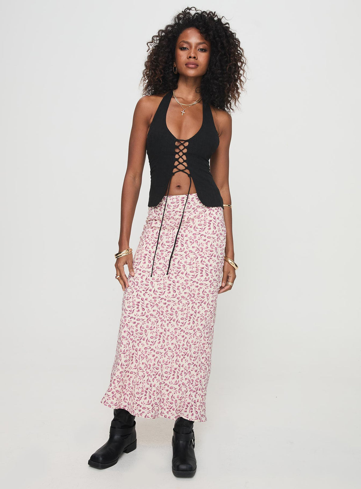   front view of model wearing Princess Polly Mariposa Maxi Skirt Beige Floral Maxi Skirts Skirts 