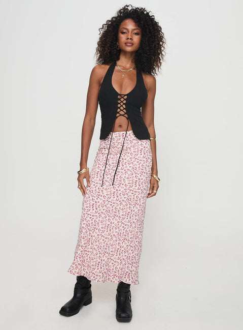   front view of model wearing Princess Polly Mariposa Maxi Skirt Beige Floral Maxi Skirts Skirts 