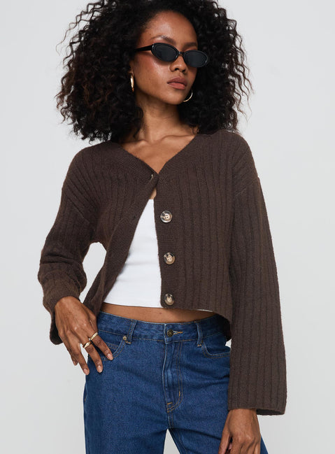 front view of model wearing Princess Polly Romona Knit Cardigan Chocolate Cropped Jumpers Jumpers 