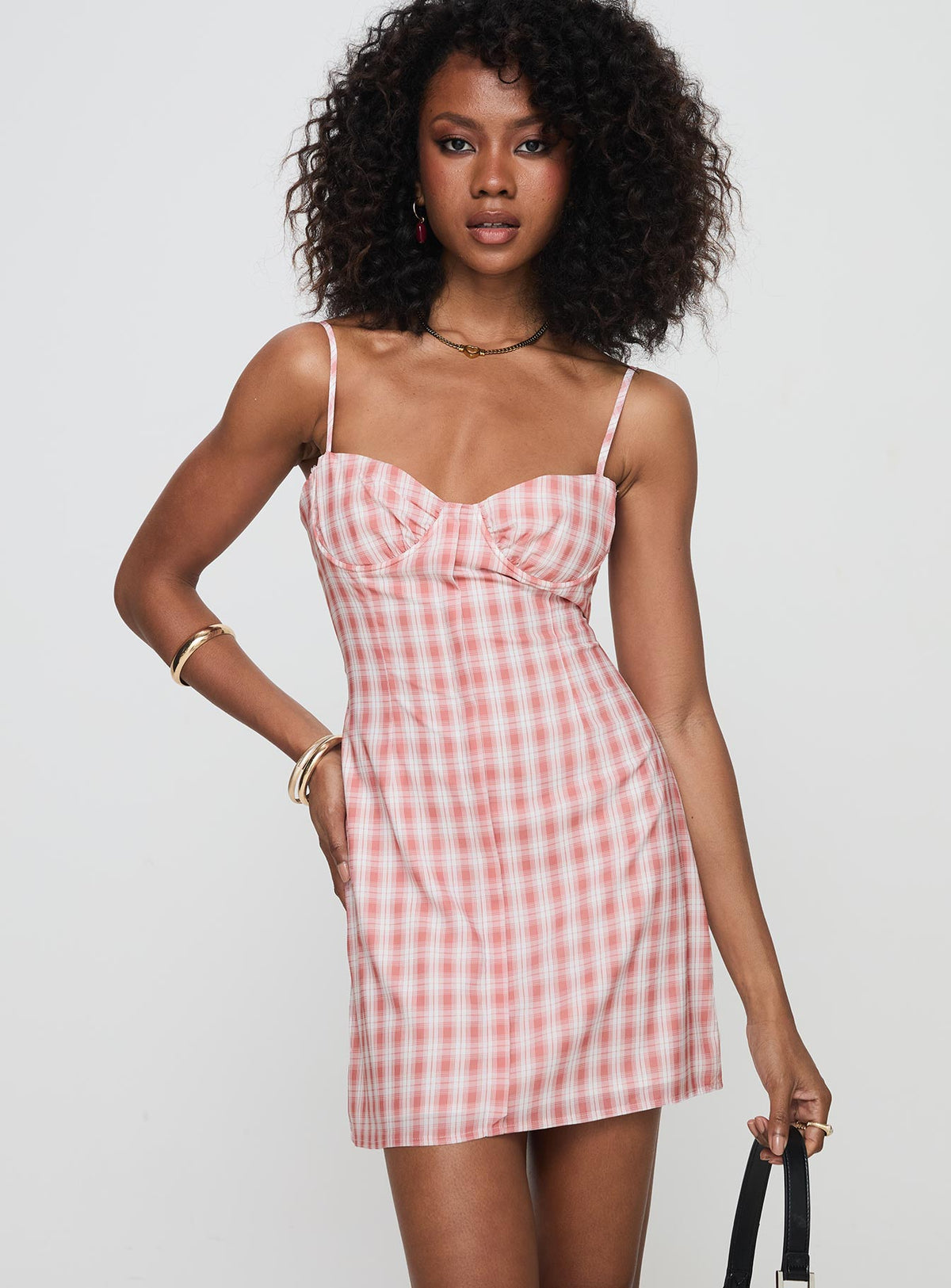 front view of model wearing Princess Polly Poto Mini Dress Pink Check Sweetheart Neckline 