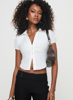 front view of model wearing Princess Polly Sakshi Shirt White Short Sleeves V-Neck 
