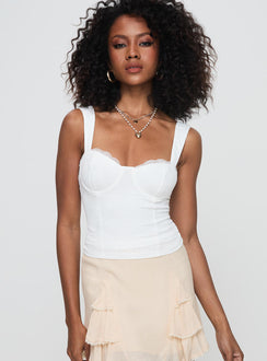 front view of model wearing Princess Polly Hazeel Top White Sleeveless Sweetheart 